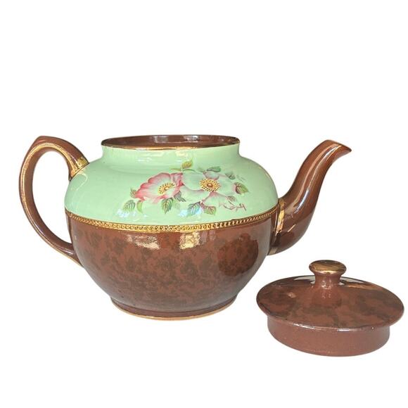 Vintage Sadler England Floral Teapot – Mint Green & Copper Brown, Gold Trim - Picture 2 of 4